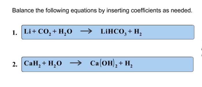 Balance the following equations by inserting coefficients as needed